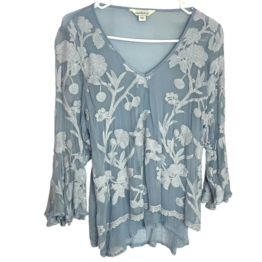 Sundance Womens Gretty Zueger Sadie Top S Blue Silk Floral Overlay Bell Sleeve
